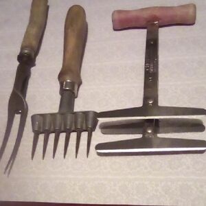 Vintage Steel Kitchen Tools With Sturdy Wood Handles.